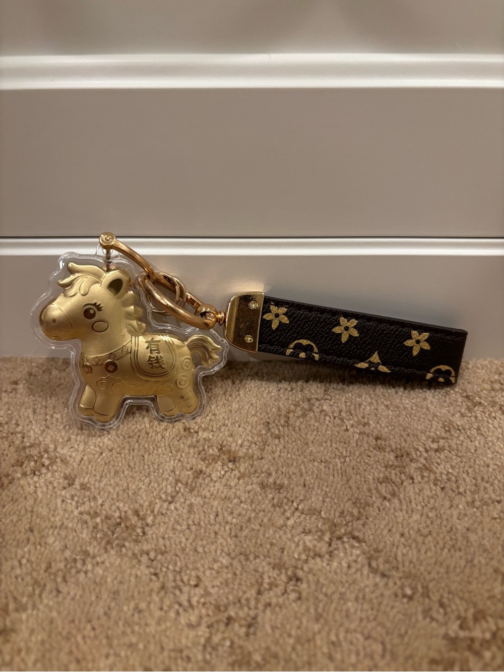 Gold Horse Keychain with Black Patterned Strap - Kids Accessories